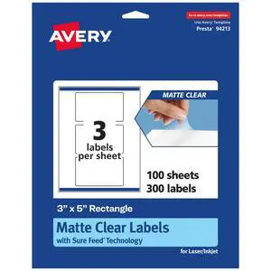 Matte Clear Rectangle Labels, Sure Feed Technology, 3" x 5", 300 Matte Clear Labels, Print-to-The-Edge, Laser/Inkjet Printable Matte Clear Rectangle Labels, Sure Feed Technology, 3" x 5", 300 Matte Clear Labels, Print-to-The-Edge, Laser/Inkjet Printable
