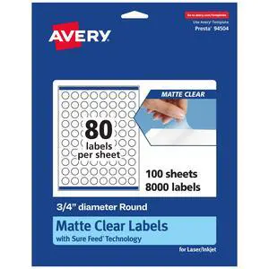 ® Matte Clear Round Labels, Sure Feed® Technology, 0.75" Diameter, 8,000 Matte Clear Labels, Print-to-The-Edge, Laser/Inkjet Printable ® Matte Clear Round Labels, Sure Feed® Technology, 0.75" Diameter, 8,000 Matte Clear Labels, Print-to-The-Edge, Laser/Inkjet Printable