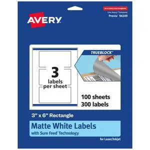 TrueBlock Matte White Rectangle Labels, Sure Feed Technology, 3" x 6", 300 Matte White Labels, Print-to-The-Edge, Laser/Inkjet Printable, Great for Packaging and Product Merchandising TrueBlock Matte White Rectangle Labels, Sure Feed Technology, 3" x 6", 300 Matte White Labels, Print-to-The-Edge, Laser/Inkjet Printable, Great for Packaging and Product Merchandising