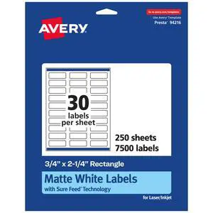 ® Matte White Rectangle Labels, Sure Feed® Technology, 0.75" x 2.25", 7,500 White Labels, Print-to-The-Edge, Permanent Adhesive, Laser/Inkjet Printable ® Matte White Rectangle Labels, Sure Feed® Technology, 0.75" x 2.25", 7,500 White Labels, Print-to-The-Edge, Permanent Adhesive, Laser/Inkjet Printable
