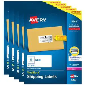 Printable Shipping Labels with Sure Feed, 2" x 4" Customizable Stickers, White, 1,250 Blank Mailing Labels, Great for Mailing, Shipping, and More (5-Pack of 5263) Printable Shipping Labels with Sure Feed, 2" x 4" Customizable Stickers, White, 1,250 Blank Mailing Labels, Great for Mailing, Shipping, and More (5-Pack of 5263)