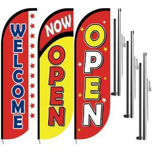 3 Sets 7 Feet Tall Feather Flag Banner Set Now Open and Welcome Flag for Business Advertising, Includes Banner Business Flags, Aluminum Fiberglass Pole Sets and Ground Spikes 3 Sets 7 Feet Tall Feather Flag Banner Set Now Open and Welcome Flag for Business Advertising, Includes Banner Business Flags, Aluminum Fiberglass Pole Sets and Ground Spikes