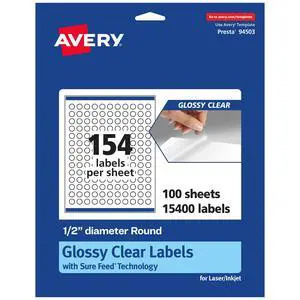 ® Glossy Clear Round Labels, Sure Feed® Technology, 0.5" Diameter, 15,400 Glossy Clear Labels, Print-to-The-Edge, Laser/Inkjet Printable ® Glossy Clear Round Labels, Sure Feed® Technology, 0.5" Diameter, 15,400 Glossy Clear Labels, Print-to-The-Edge, Laser/Inkjet Printable