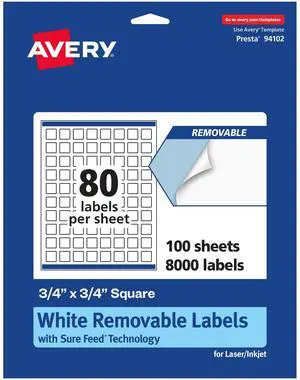 ® Matte White Removable Square Labels, Sure Feed® Technology, Print-to-The-Edge, 3/4" x 3/4", 8,000 Removable Labels, Laser/Inkjet Printable ® Matte White Removable Square Labels, Sure Feed® Technology, Print-to-The-Edge, 3/4" x 3/4", 8,000 Removable Labels, Laser/Inkjet Printable