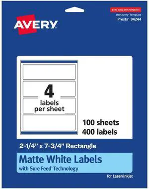 ® Matte White Rectangle Labels, Sure Feed® Technology, 2.25" x 7.75", 400 Matte White Printable Labels ® Matte White Rectangle Labels, Sure Feed® Technology, 2.25" x 7.75", 400 Matte White Printable Labels