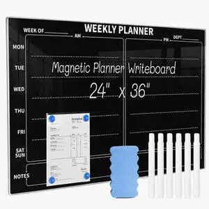 24" x 36" Magnetic Weekly Glass Planner Whiteboard Frameless Black Dry Erase Calendar for Office or Home Kitchen - Premium Tempered Glass, Horizontale Wall-Mounted (6 Markers Included) 24" x 36" Magnetic Weekly Glass Planner Whiteboard Frameless Black Dry Erase Calendar for Office or Home Kitchen - Premium Tempered Glass, Horizontale Wall-Mounted (6 Markers Included)