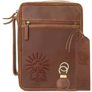 Large Leather Bible Cover with Cross - Genuine Buffalo Leather for Men & Women, with Handle, Zipper, Pockets - Church Bag Plus Bookmark & AirTag Compatible Holder - Durable & Stylish Large Leather Bible Cover with Cross - Genuine Buffalo Leather for Men & Women, with Handle, Zipper, Pockets - Church Bag Plus Bookmark & AirTag Compatible Holder - Durable & Stylish