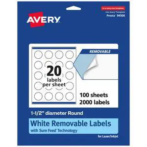 ® Matte White Removable Round Labels, Sure Feed® Technology, Print-to-The-Edge, 1.5" Diameter, 2,000 Removable Labels, Laser/Inkjet Printable ® Matte White Removable Round Labels, Sure Feed® Technology, Print-to-The-Edge, 1.5" Diameter, 2,000 Removable Labels, Laser/Inkjet Printable