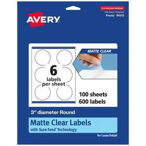Matte Clear Round Labels, Sure Feed Technology, 3" Diameter, 600 Matte Clear Labels, Print-to-The-Edge, Laser/Inkjet Printable Matte Clear Round Labels, Sure Feed Technology, 3" Diameter, 600 Matte Clear Labels, Print-to-The-Edge, Laser/Inkjet Printable