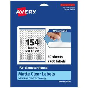 Matte Clear Round Labels, Sure Feed Technology, 0.5" Diameter, 7,700 Matte Clear Labels, Print-to-The-Edge, Laser/Inkjet Printable Matte Clear Round Labels, Sure Feed Technology, 0.5" Diameter, 7,700 Matte Clear Labels, Print-to-The-Edge, Laser/Inkjet Printable