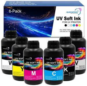 6-Pack Soft UV Ink for Soft Materials (Flexible Type) - BK C M Y WH Varnish, 500ML - Ultraviolet UV ink for XP600 i3200 TX800 DX5 DX6 DX7 1390 i1600 DX10 printhead, Ultraviolet LED Curing 6-Pack Soft UV Ink for Soft Materials (Flexible Type) - BK C M Y WH Varnish, 500ML - Ultraviolet UV ink for XP600 i3200 TX800 DX5 DX6 DX7 1390 i1600 DX10 printhead, Ultraviolet LED Curing
