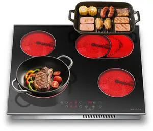 24 Inch Electric Cooktop with Glass Protecting the Metal Frame | 4 Burners Radiant Ceramic Stove Top with Dual and Oval Expandable Zones, Timer, Child Lock, 220-240V Hardwired, No Plug 24 Inch Electric Cooktop with Glass Protecting the Metal Frame | 4 Burners Radiant Ceramic Stove Top with Dual and Oval Expandable Zones, Timer, Child Lock, 220-240V Hardwired, No Plug