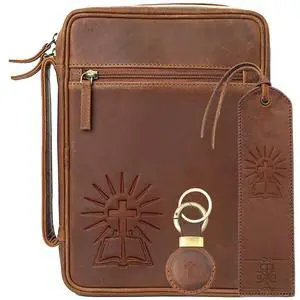 Small Leather Bible Cover - Handmade Buffalo Leather, Cross Embossed, Handle, Zipper, Storage Pockets, Bookmark & AirTag Compatible Holder - Durable Cover for Men & Women Small Leather Bible Cover - Handmade Buffalo Leather, Cross Embossed, Handle, Zipper, Storage Pockets, Bookmark & AirTag Compatible Holder - Durable Cover for Men & Women
