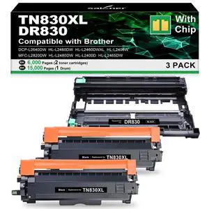Compatible Toner Cartridges and Drum for Brother TN830XL DR830 with Chip | Replacement for Brother TN830XL TN830 DR830 Use with HL-L2460DW DCP-L2640DW HL-L2405W Printer (2 Toners with chip, 1 Drum) Compatible Toner Cartridges and Drum for Brother TN830XL DR830 with Chip | Replacement for Brother TN830XL TN830 DR830 Use with HL-L2460DW DCP-L2640DW HL-L2405W Printer (2 Toners with chip, 1 Drum)