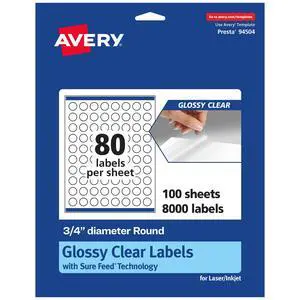 ® Glossy Clear Round Labels, Sure Feed® Technology, 0.75" Diameter, 8,000 Glossy Clear Labels, Print-to-The-Edge, Laser/Inkjet Printable ® Glossy Clear Round Labels, Sure Feed® Technology, 0.75" Diameter, 8,000 Glossy Clear Labels, Print-to-The-Edge, Laser/Inkjet Printable