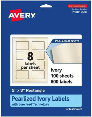 ® Pearlized Ivory Rectangle Labels, Sure Feed® Technology, Print-to-The-Edge, 2" x 3", 800 Pearlized Ivory Labels, Laser/Inkjet Printable ® Pearlized Ivory Rectangle Labels, Sure Feed® Technology, Print-to-The-Edge, 2" x 3", 800 Pearlized Ivory Labels, Laser/Inkjet Printable