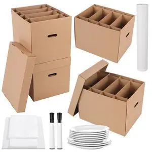 4 Sets Dish Moving Boxes with Divider and Lid Kits 16 x 12 x 12" Dish Packing Boxes with Handle 72 Foam Pouches 100 Packing Papers 2 Markers for Kitchen Tableware Glassware 4 Sets Dish Moving Boxes with Divider and Lid Kits 16 x 12 x 12" Dish Packing Boxes with Handle 72 Foam Pouches 100 Packing Papers 2 Markers for Kitchen Tableware Glassware