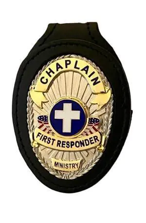 Chaplain First Responder Badge with Cross and Black Leather Belt Clip Holder Chaplain First Responder Badge with Cross and Black Leather Belt Clip Holder