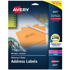 Glossy Clear Address Labels, Sure Feed Technology, Laser/Inkjet, 1" x 2-5/8", 300 Labels, 5 Packs (6521) Glossy Clear Address Labels, Sure Feed Technology, Laser/Inkjet, 1" x 2-5/8", 300 Labels, 5 Packs (6521)