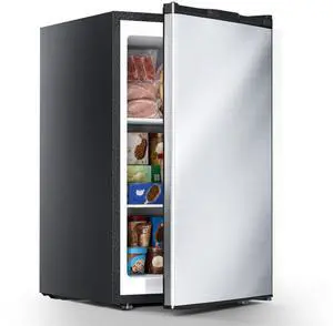 3.0 Cu.ft Small Freezer, Mini Upright Freezer, Stainless Steel | Compact Size for Dorms/RVs/Offices. 2 Removable Shelves, Reversible Door, 7 Adjustable Thermostat. Quiet <40dB 3.0 Cu.ft Small Freezer, Mini Upright Freezer, Stainless Steel | Compact Size for Dorms/RVs/Offices. 2 Removable Shelves, Reversible Door, 7 Adjustable Thermostat. Quiet <40dB