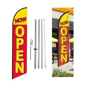 NOW OPEN Advertising Swooper Feather Flag Banner with 15' Foot Pole Kit and Ground Stake - Perfect for Businesses Outdoor Signs NOW OPEN Advertising Swooper Feather Flag Banner with 15' Foot Pole Kit and Ground Stake - Perfect for Businesses Outdoor Signs