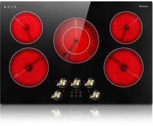 Electric Cooktop 30 Inch, 5 Burner Radiant Cooktop Knob Control | 8500W, 220-240V Hardwire, Built-in Stove Top, 9 Power Levels, Timer, Child Lock, Pause, Residual Heat Indicator(Gold Knob) Electric Cooktop 30 Inch, 5 Burner Radiant Cooktop Knob Control | 8500W, 220-240V Hardwire, Built-in Stove Top, 9 Power Levels, Timer, Child Lock, Pause, Residual Heat Indicator(Gold Knob)