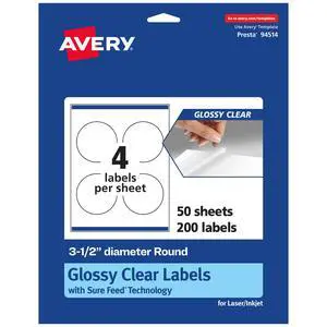 ® Glossy Clear Round Labels, Sure Feed® Technology, 3.5" Diameter, 200 Glossy Clear Labels, Print-to-The-Edge, Laser/Inkjet Printable ® Glossy Clear Round Labels, Sure Feed® Technology, 3.5" Diameter, 200 Glossy Clear Labels, Print-to-The-Edge, Laser/Inkjet Printable