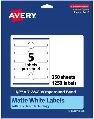 ® Matte White Wraparound Band Labels, Sure Feed® Technology, 1-1/2" x 7-3/4", 1,250 White Labels, Print-to-the-Edge, Permanent Label Adhesive, Laser/Inkjet Printable Labels ® Matte White Wraparound Band Labels, Sure Feed® Technology, 1-1/2" x 7-3/4", 1,250 White Labels, Print-to-the-Edge, Permanent Label Adhesive, Laser/Inkjet Printable Labels