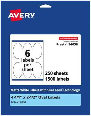 ® Matte White Oval Labels, Sure Feed® Technology, 4.25" x 2.5", 1,500 Matte White Printable Labels ® Matte White Oval Labels, Sure Feed® Technology, 4.25" x 2.5", 1,500 Matte White Printable Labels