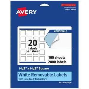 ® Matte White Removable Square Labels, Sure Feed® Technology, Print-to-The-Edge, 1.5" x 1.5", 2,000 Removable Labels, Laser/Inkjet Printable ® Matte White Removable Square Labels, Sure Feed® Technology, Print-to-The-Edge, 1.5" x 1.5", 2,000 Removable Labels, Laser/Inkjet Printable