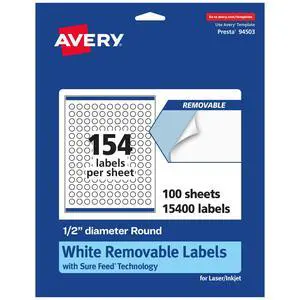 Matte White Removable Round Labels, Sure Feed Technology, Print-to-The-Edge, 0.5" Diameter, 15,400 Removable Labels, Laser/Inkjet Printable Matte White Removable Round Labels, Sure Feed Technology, Print-to-The-Edge, 0.5" Diameter, 15,400 Removable Labels, Laser/Inkjet Printable