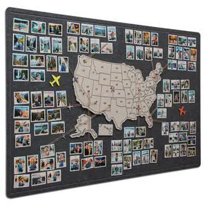 Photo Board with USA Map, 63'' x 32'' Felt Pin Board, Lunar Mist | Showcase travel photos with pins on the felt board; mark states visited on the USA map for personalized travel wall décor Photo Board with USA Map, 63'' x 32'' Felt Pin Board, Lunar Mist | Showcase travel photos with pins on the felt board; mark states visited on the USA map for personalized travel wall décor