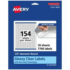 ® Glossy Clear Round Labels, Sure Feed® Technology, 0.5" Diameter, 7,700 Glossy Clear Labels, Print-to-The-Edge, Laser/Inkjet Printable ® Glossy Clear Round Labels, Sure Feed® Technology, 0.5" Diameter, 7,700 Glossy Clear Labels, Print-to-The-Edge, Laser/Inkjet Printable