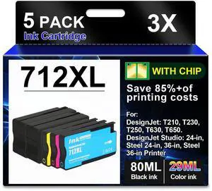 712XL Ink Cartridges 5 Pack (with Chip) Compatible for 712 Ink | Cartridges Combo Pack for DesignJet T210 T630 T650 T250 T230 Printer (5 Pack 80-ml 2 Black + 29-ml Cyan/Magenta/Yellow) 712XL Ink Cartridges 5 Pack (with Chip) Compatible for 712 Ink | Cartridges Combo Pack for DesignJet T210 T630 T650 T250 T230 Printer (5 Pack 80-ml 2 Black + 29-ml Cyan/Magenta/Yellow)