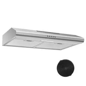 24 inch Range Hood Under Cabinet, Stainless Steel Range Hood 280CFM, Slim Kitchen Stove Hood w/Push Button, Ducted/Ductless Convertible, 3 Speeds Exhaust Fan, LED Light and Carbon Filter 24 inch Range Hood Under Cabinet, Stainless Steel Range Hood 280CFM, Slim Kitchen Stove Hood w/Push Button, Ducted/Ductless Convertible, 3 Speeds Exhaust Fan, LED Light and Carbon Filter