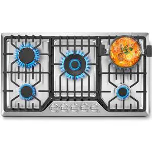 Gas Cooktop 36 inch with 5 Italy Sabaf Sealed Burners, Max 48,300 BTU Built-in Gas Stove Top, Propane Cooktop with 304 Stainless Steel Panel, NG/LPG Convertible, CSA Certified Gas Cooktop 36 inch with 5 Italy Sabaf Sealed Burners, Max 48,300 BTU Built-in Gas Stove Top, Propane Cooktop with 304 Stainless Steel Panel, NG/LPG Convertible, CSA Certified