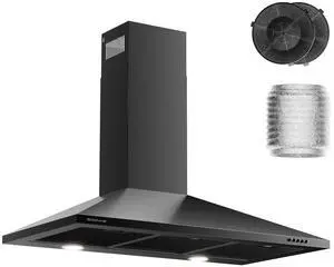 36 Inch Wall Mount Range Hood Ducted/Ductless Convertible Kitchen Exhaust Hood with 450 CFM Motor, 3 Speed Fan, LED Lighting and Dishwasher Safe Filters, Matte Black Painted Finish 36 Inch Wall Mount Range Hood Ducted/Ductless Convertible Kitchen Exhaust Hood with 450 CFM Motor, 3 Speed Fan, LED Lighting and Dishwasher Safe Filters, Matte Black Painted Finish