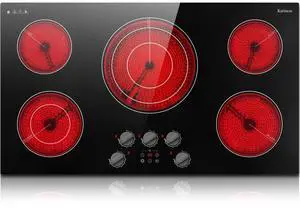 36 inch Electric Cooktop, 5 Burner Radiant Ceramic Cooktop,Drop-in | Knob & Touch Control, 9200W, 220-240V Hardwire, No Plug, Built-in Stove Top, 9 Power Levels, Timer, Child Lock, Pause, Black 36 inch Electric Cooktop, 5 Burner Radiant Ceramic Cooktop,Drop-in | Knob & Touch Control, 9200W, 220-240V Hardwire, No Plug, Built-in Stove Top, 9 Power Levels, Timer, Child Lock, Pause, Black
