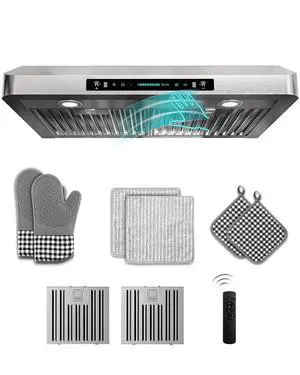 30 inch Under Cabinet Range Hood 900 CFM, Stainless Steel | Gesture/Touch/Remote Control, 4-Speed Fan, Ducted Ventilation, LED Lights, Dishwasher Safe Filters 30 inch Under Cabinet Range Hood 900 CFM, Stainless Steel | Gesture/Touch/Remote Control, 4-Speed Fan, Ducted Ventilation, LED Lights, Dishwasher Safe Filters