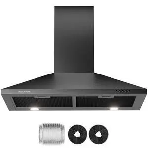 24 Inch Wall Mount Range Hood Ducted/Ductless Convertible Kitchen Exhaust Hood with 450 CFM Motor, 3 Speed Fan, LED Lighting and Dishwasher Safe Filters, Matte Black Painted Finish 24 Inch Wall Mount Range Hood Ducted/Ductless Convertible Kitchen Exhaust Hood with 450 CFM Motor, 3 Speed Fan, LED Lighting and Dishwasher Safe Filters, Matte Black Painted Finish