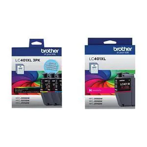 Genuine LC401XL 3PK High Yield 3-Pack Color -Ink -Cartridges Includes 1 Cartridge Each of Cyan, Magenta and Yellow -Ink. & Genuine LC401XLM High Yield Magenta Black Ink Cartridge Genuine LC401XL 3PK High Yield 3-Pack Color -Ink -Cartridges Includes 1 Cartridge Each of Cyan, Magenta and Yellow -Ink. & Genuine LC401XLM High Yield Magenta Black Ink Cartridge