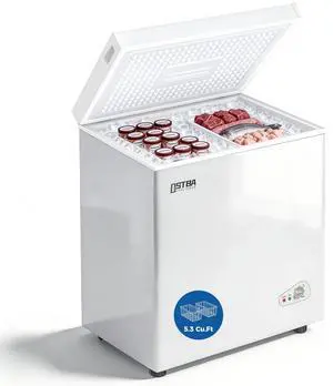 5.3 Cu.Ft Chest Freezer, Large Capacity Deep Freezer with 2 Removable Baskets, Bottom Wheels, 6-Level Temperature Control with Fast Freeze Mode, Energy Saving Quiet Freezer, White 5.3 Cu.Ft Chest Freezer, Large Capacity Deep Freezer with 2 Removable Baskets, Bottom Wheels, 6-Level Temperature Control with Fast Freeze Mode, Energy Saving Quiet Freezer, White