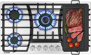 36 Inch Gas Cooktop with Griddle, Gas Stove Top with 5, Reversible Cast Iron Grill/Griddle, NG/LPG Convertible, with Thermocouple Protection, Stainless Steel 36 Inch Gas Cooktop with Griddle, Gas Stove Top with 5, Reversible Cast Iron Grill/Griddle, NG/LPG Convertible, with Thermocouple Protection, Stainless Steel