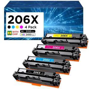 206X Toner Cartridges 4 Pack with Chip Replacement for HP 206X W2110X 206A | Compatible with Laserjet Pro MFP M282nw M283fdw M283fdn Pro M255dw M255nw Printer (BK/C/M/Y) 206X Toner Cartridges 4 Pack with Chip Replacement for HP 206X W2110X 206A | Compatible with Laserjet Pro MFP M282nw M283fdw M283fdn Pro M255dw M255nw Printer (BK/C/M/Y)