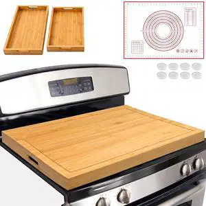 Bamboo Noodle Board Stove Top Cover 30x22 in Reversible 4-Piece Set | Wooden stovetop cover for gas & electric stove, cutting board with juice groove & handles, silicone mat, 2 trays, 8 pads Bamboo Noodle Board Stove Top Cover 30x22 in Reversible 4-Piece Set | Wooden stovetop cover for gas & electric stove, cutting board with juice groove & handles, silicone mat, 2 trays, 8 pads