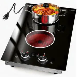 2 Burners Electric Cooktop 12 Inch, 1800W Knob Control Electric Stove Top Burner Hot Plate, 110V-120V Bulit-in & Countertop Ceramic Radiant Stove with Timer, Multi-Ring Control 2 Burners Electric Cooktop 12 Inch, 1800W Knob Control Electric Stove Top Burner Hot Plate, 110V-120V Bulit-in & Countertop Ceramic Radiant Stove with Timer, Multi-Ring Control