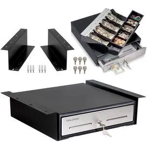 Cash Register Drawer with Under Counter Mounting Bracket - 13" Black Cash Drawer for POS, Stainless Steel Front, 4 Bill 5 Coin, Fully Removable 2 Tier Cash Tray, 12-24V RJ11/RJ12 Key-Lock Cash Register Drawer with Under Counter Mounting Bracket - 13" Black Cash Drawer for POS, Stainless Steel Front, 4 Bill 5 Coin, Fully Removable 2 Tier Cash Tray, 12-24V RJ11/RJ12 Key-Lock