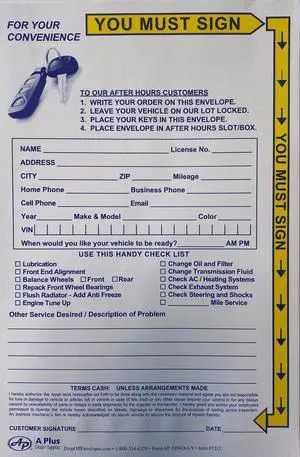 Key Drop Off Envelope - EBNO-1-Y - 500 Qty. (W1) Key Drop Off Envelope - EBNO-1-Y - 500 Qty. (W1)