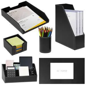 Office Supplies PU Leather 6-Piece Set Desk Organizer,Include Writing Pad,Letter Tray,file folder Sorter/Magazine Holder,Pen Cup,Note Holder,Business Card Holder,Man/Woman Office Gift,Black Office Supplies PU Leather 6-Piece Set Desk Organizer,Include Writing Pad,Letter Tray,file folder Sorter/Magazine Holder,Pen Cup,Note Holder,Business Card Holder,Man/Woman Office Gift,Black