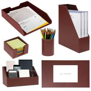Office Supplies PU Leather 6-Piece Desk Organizer with Writing Pad, Letter Tray, File Folder Sorter, Pen Cup, Note Holder, Business Card Holder - Brown Office Supplies PU Leather 6-Piece Desk Organizer with Writing Pad, Letter Tray, File Folder Sorter, Pen Cup, Note Holder, Business Card Holder - Brown